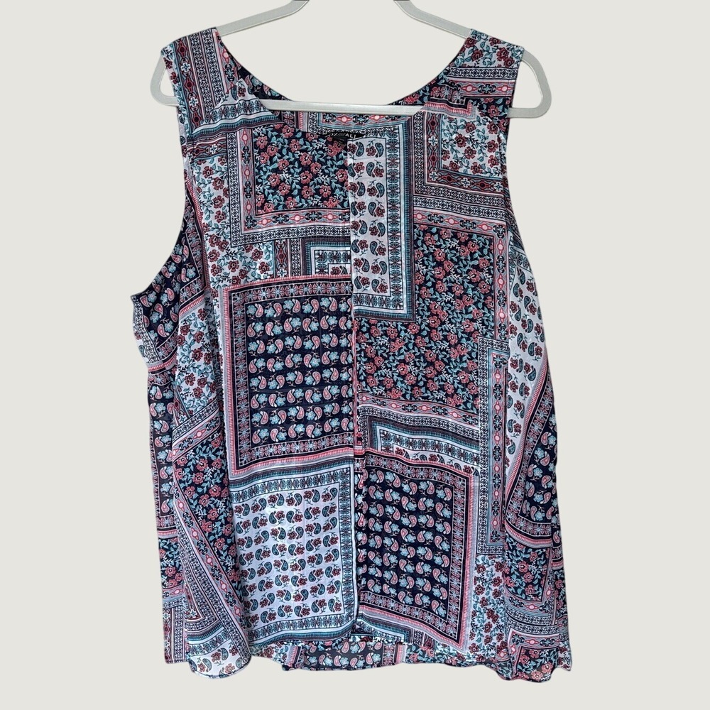 Roz & Ali Womens 2X Patchwork Paisley Floral Sleeveless Chiffon Blouse Navy Red